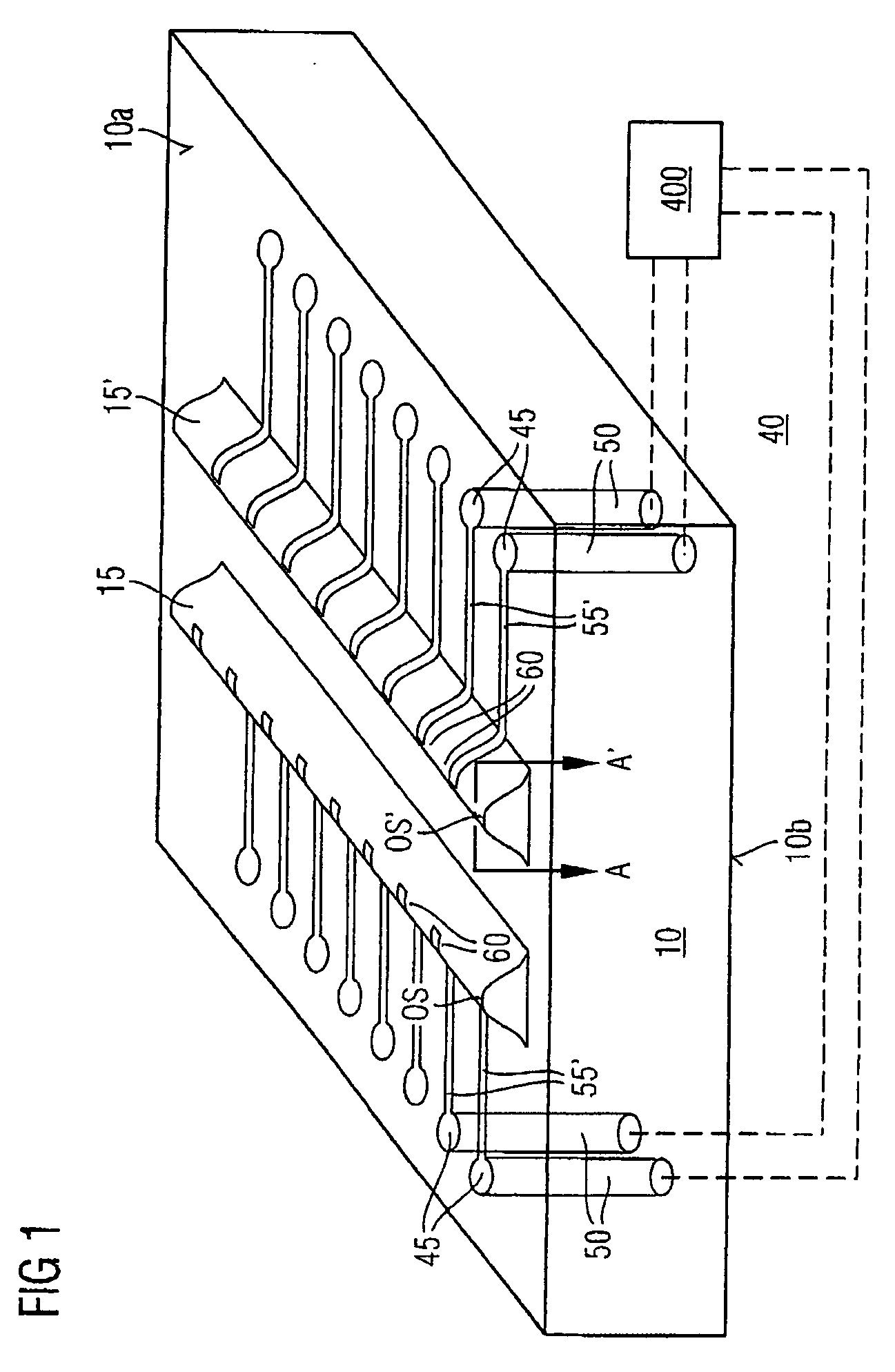 Contacting device, testing method and corresponding production method