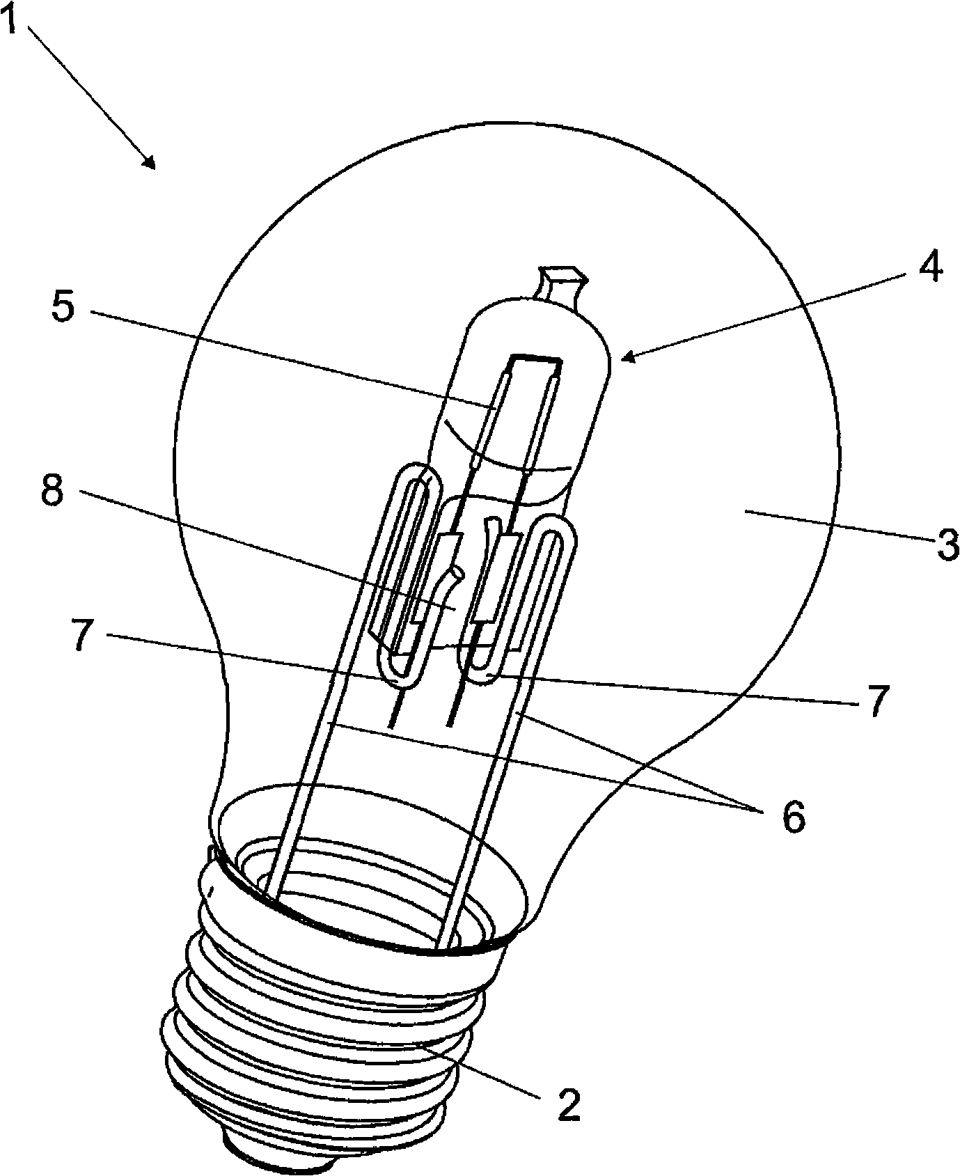 Electric lamp with an external piston and a fitted lamp and method for production of same