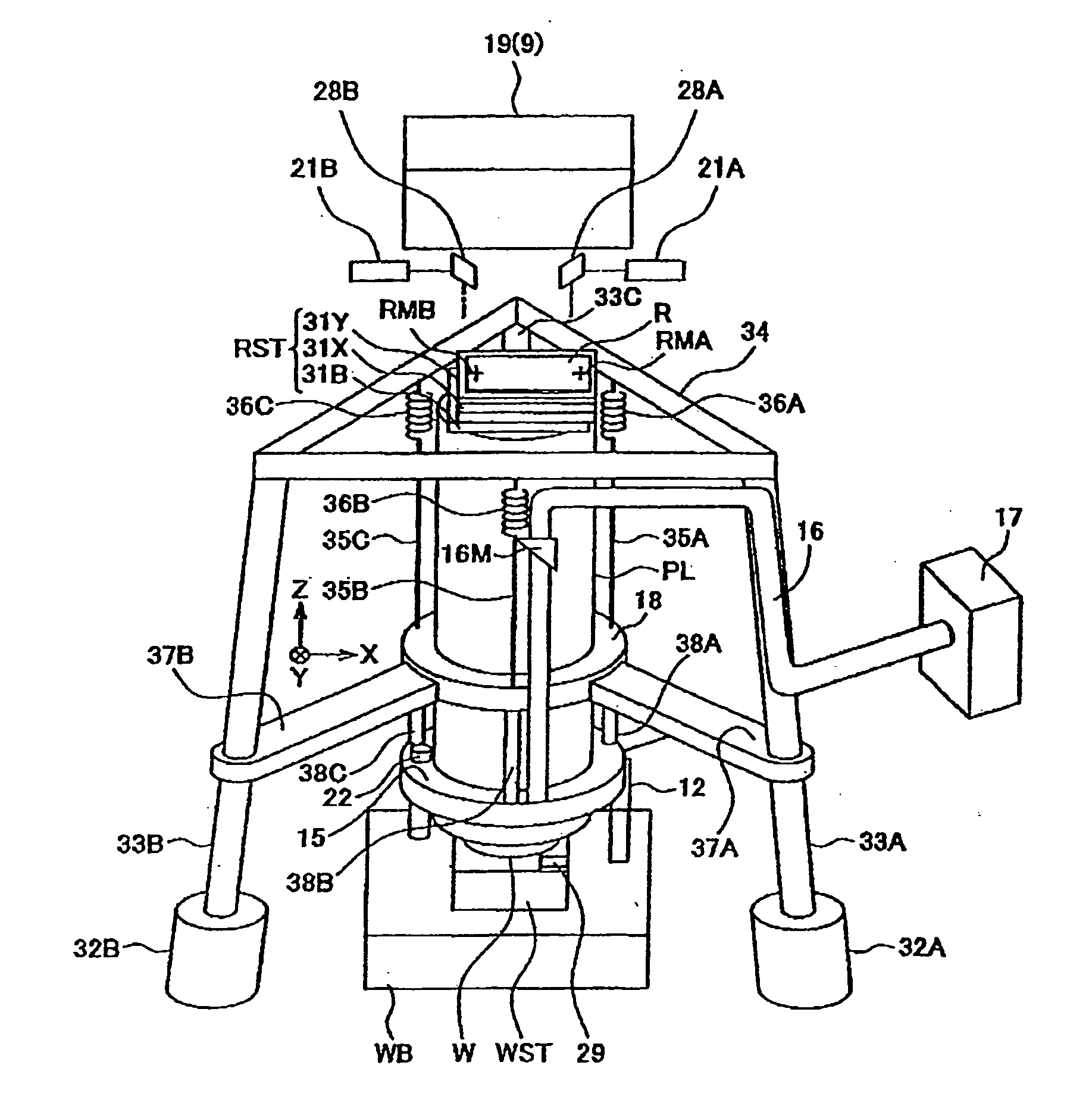 Low spring constant, pneumatic suspension with vacuum chamber, air bearing, active force compensation, and sectioned vacuum chambers