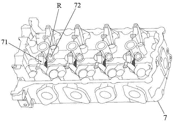 Detecting tool for detecting rocker arm motion avoiding plane of irregular cavity of cylinder cover