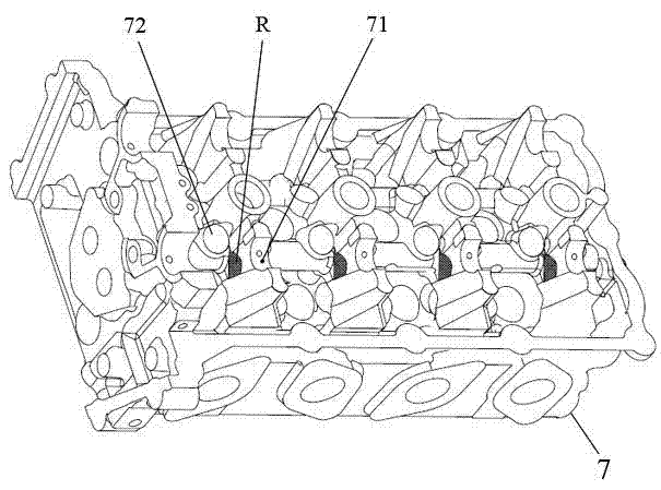 Detecting tool for detecting rocker arm motion avoiding plane of irregular cavity of cylinder cover