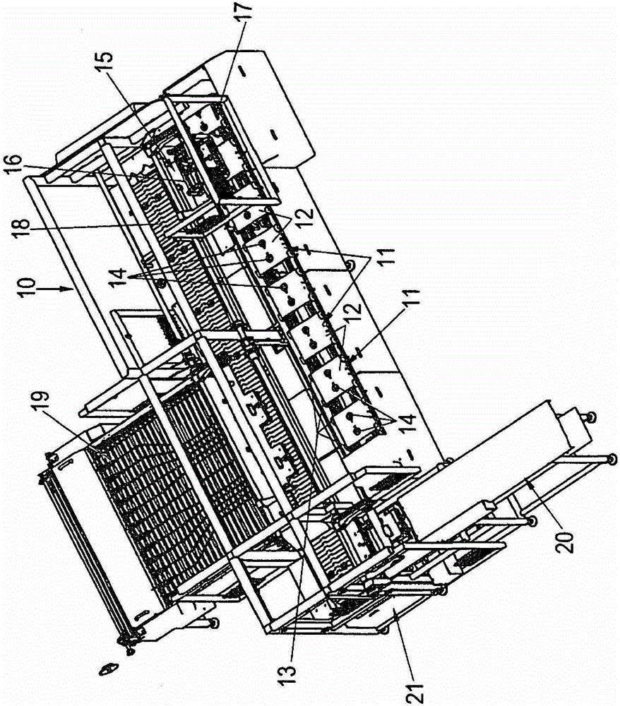 Device for the transport of stacks formed from opened egg packs, as well as a separation device for egg packs and a stacker for removing empty egg packs