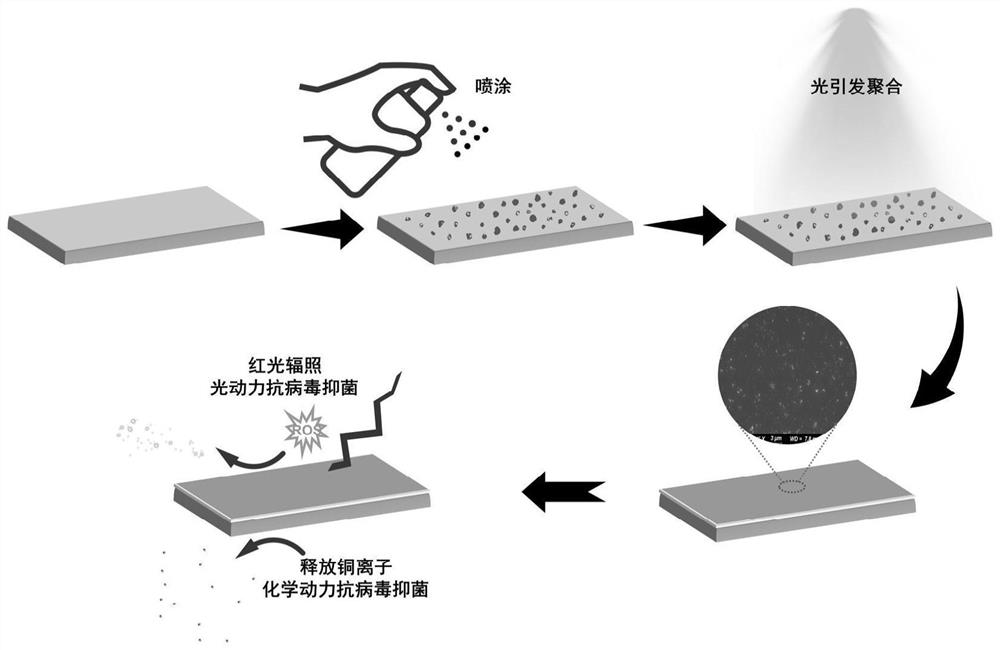 Synergistic chemical and photodynamic antibacterial and antiviral coating and preparation method thereof