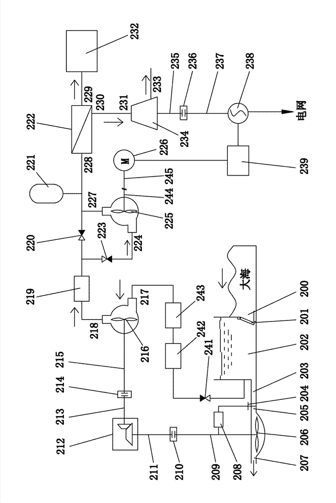 Bypass booster type seat water desalination and power generation device utilizing tidal energy for two-way drive