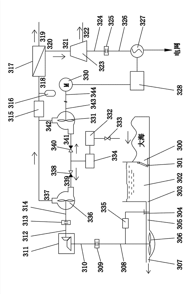 Bypass booster type seat water desalination and power generation device utilizing tidal energy for two-way drive