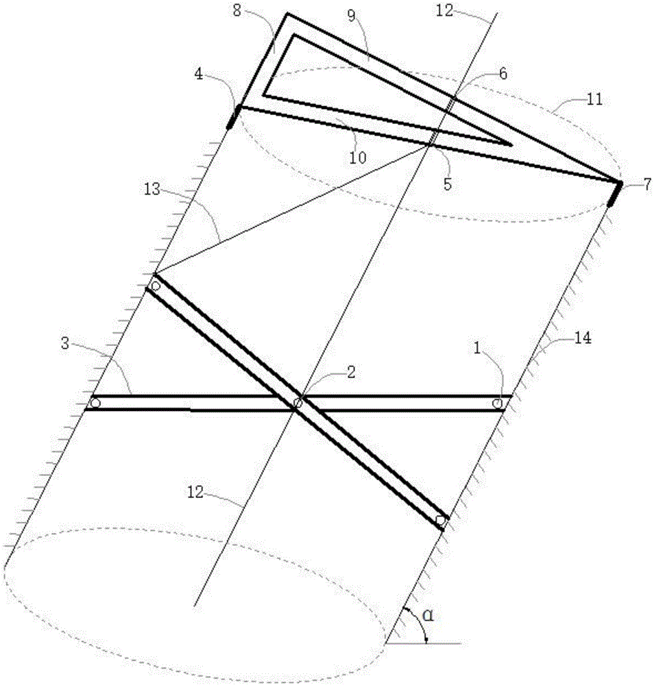 Auxiliary measuring device used for raking pile construction and construction method of auxiliary measuring device