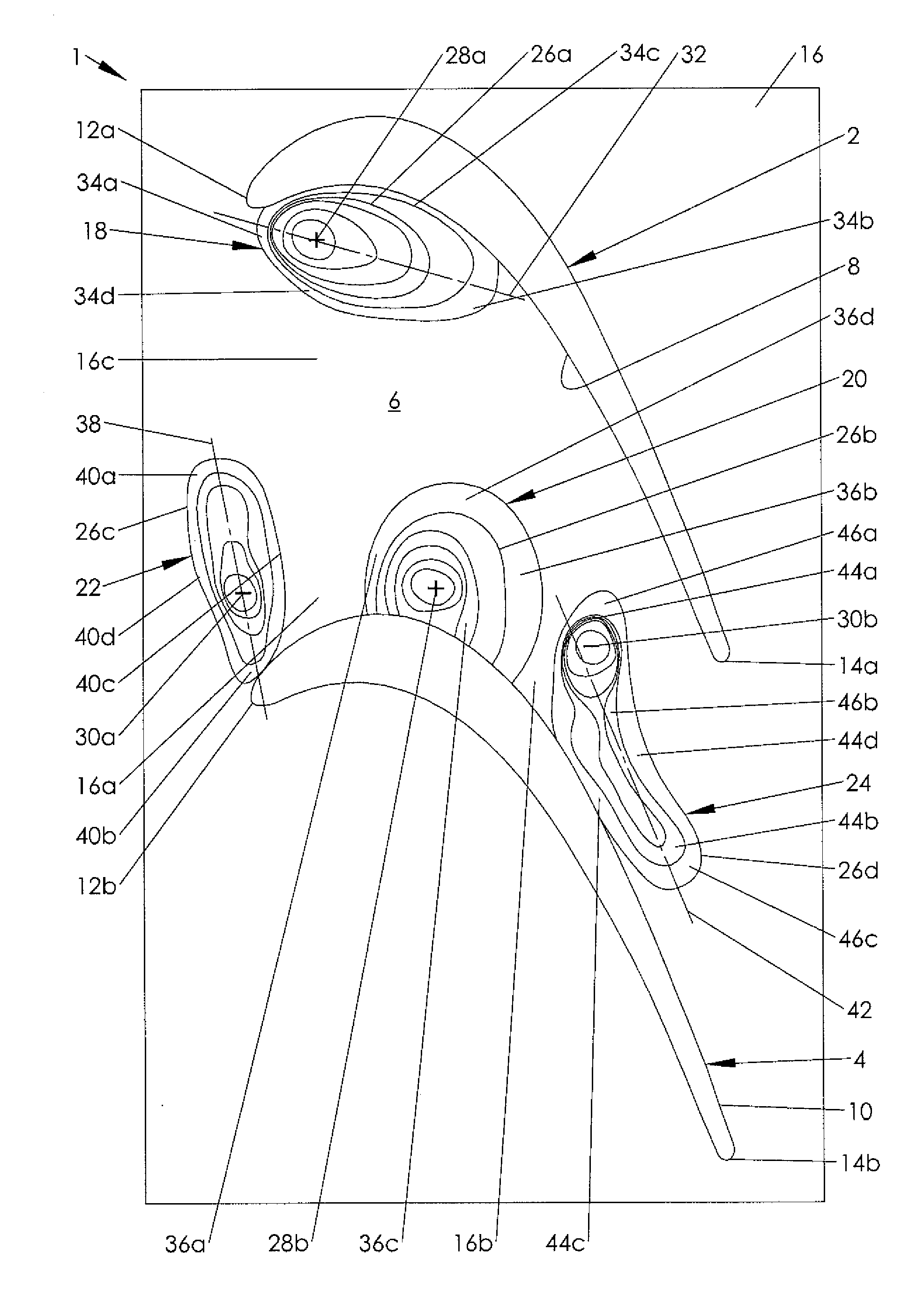 Blade channel having an end wall contour and a turbomachine