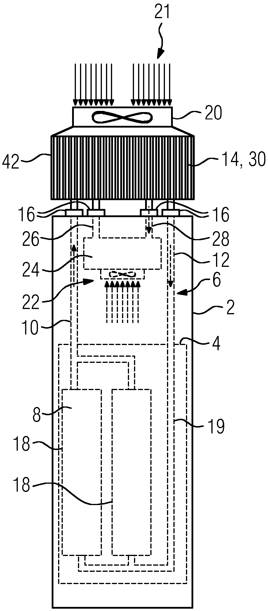 Switchgear cabinet comprising a closed housing and a cooling device