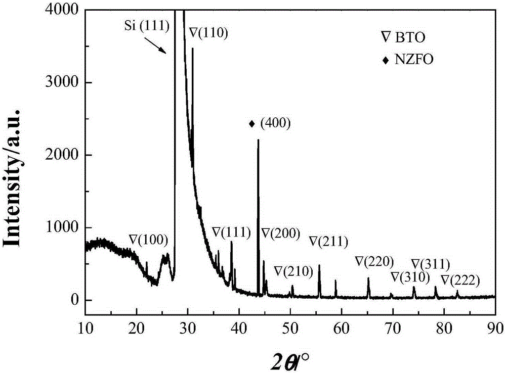 Magnetic-phase-oriented barium titanate/Ni-Zn ferrite nanocrystalline complex-phase thin film and preparation method thereof