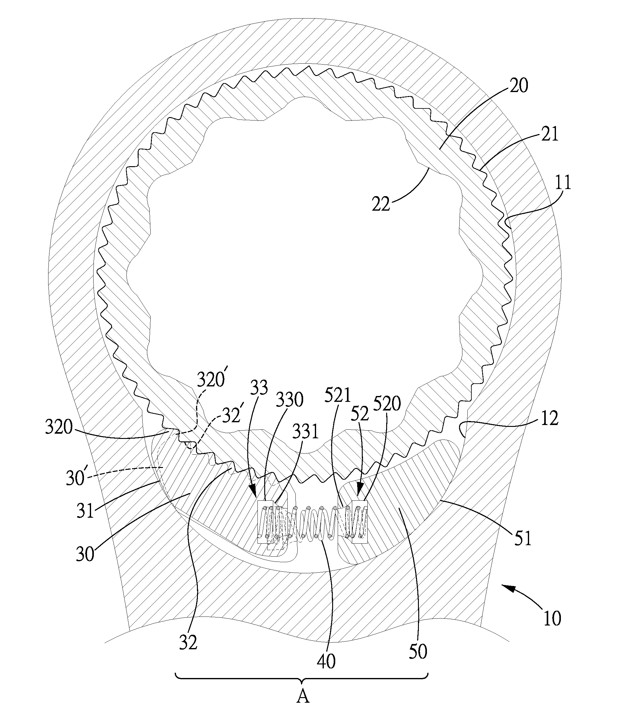 One-way wrench having a catching device with two catches and a catch holder and having differential teeth