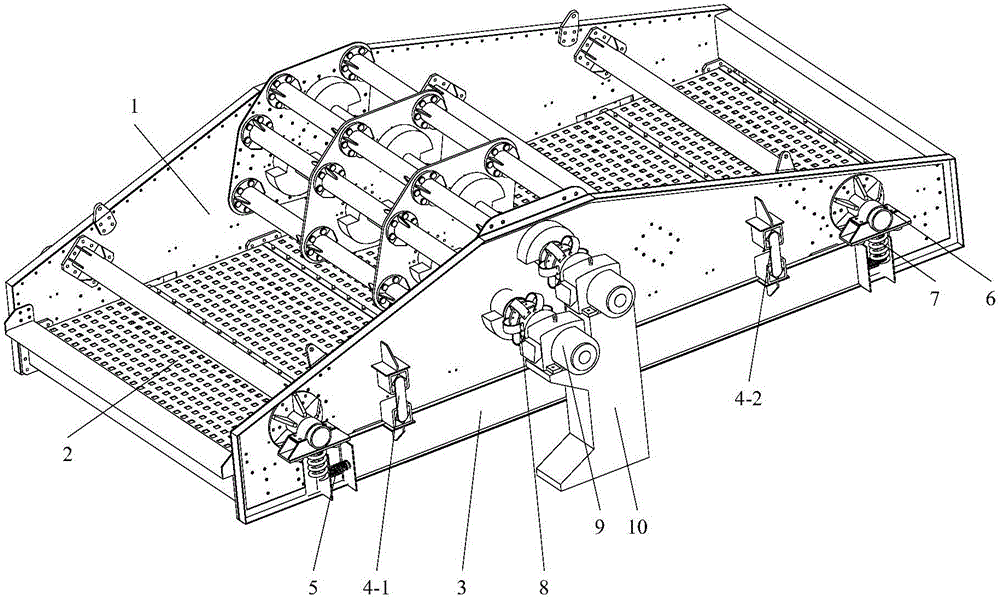 Statically indeterminate modular main beam amplitude adjustable low-frequency vibration tension and relaxation screen