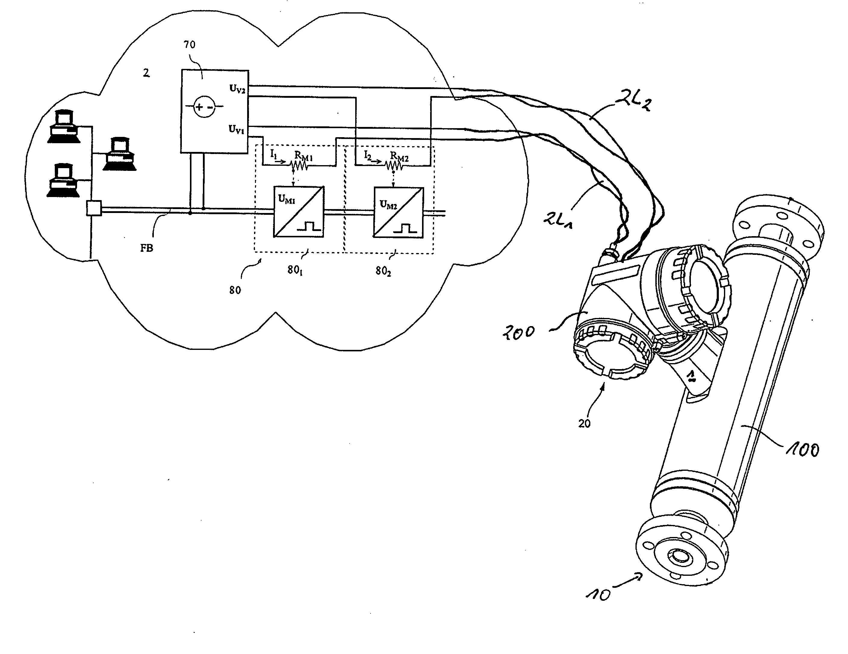 Measuring arrangement for registering chemical and/or physical, measured variables, as well as measuring device therefor