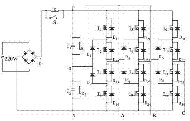 Tri-level inversion indirect vector control system based on simplified SVPWM (space vector pulse width modulation)