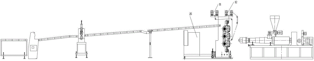 Four-roll calendering and draping production device for PVC plastic floor surface film attachment