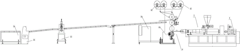 Four-roll calendering and draping production device for PVC plastic floor surface film attachment