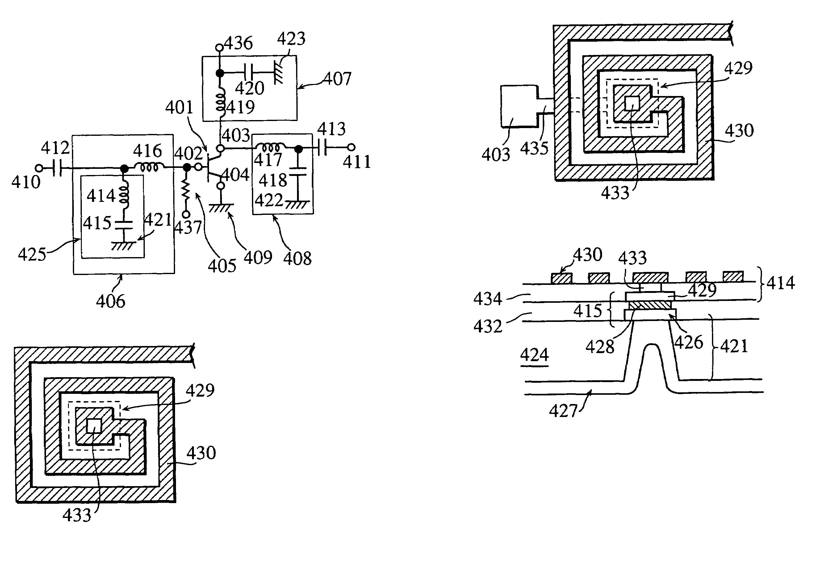 RF passive circuit and RF amplifier with via-holes