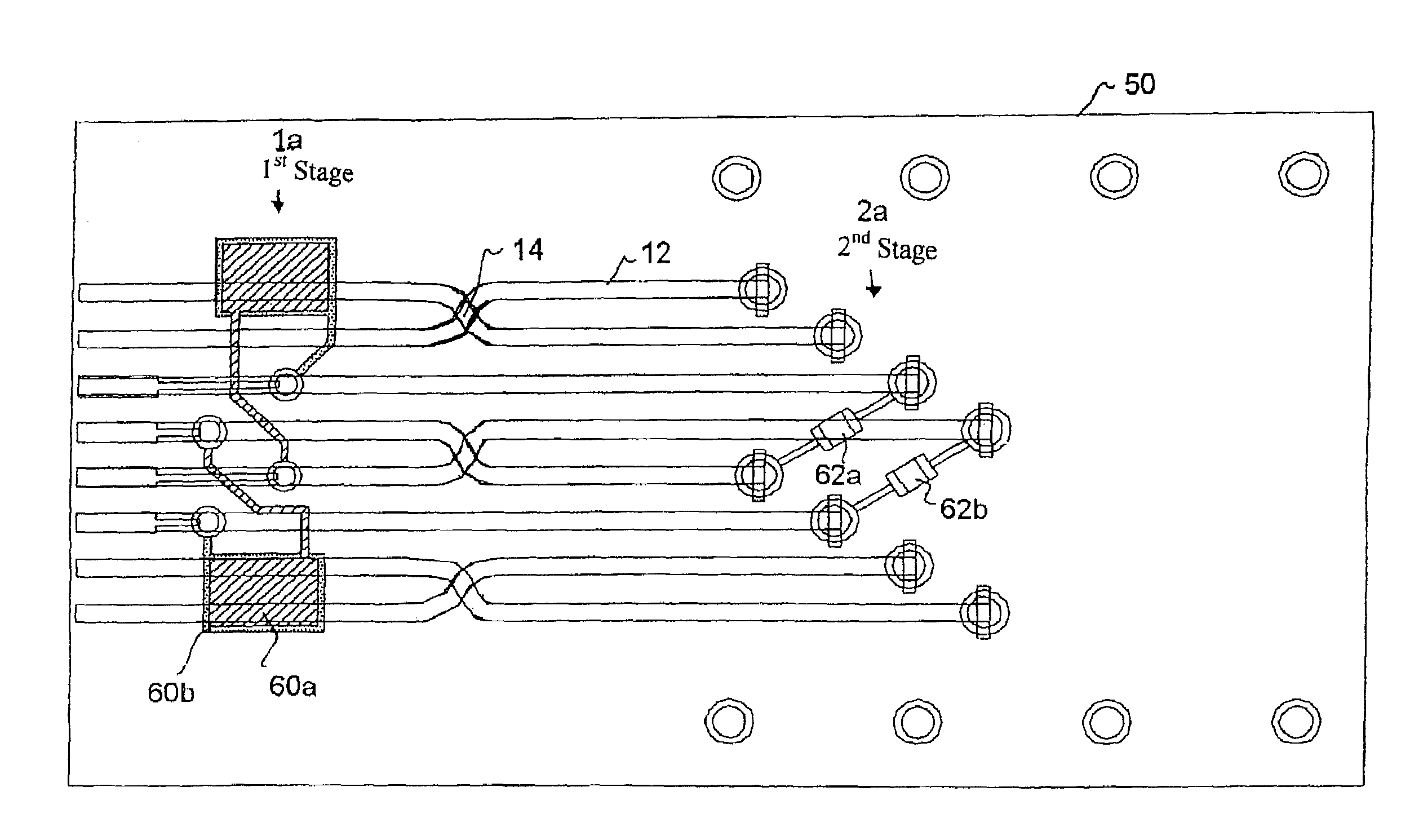 NEXT high frequency improvement using hybrid substrates of two materials with different dielectric constant frequency slopes