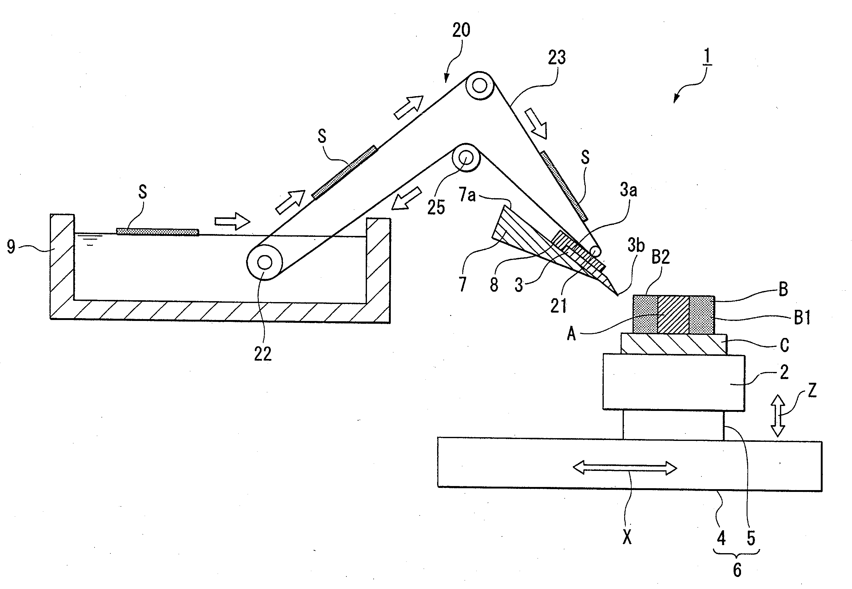 Thin-section conveyor apparatus, thin-section scooping tool, and method for transporting thin sections