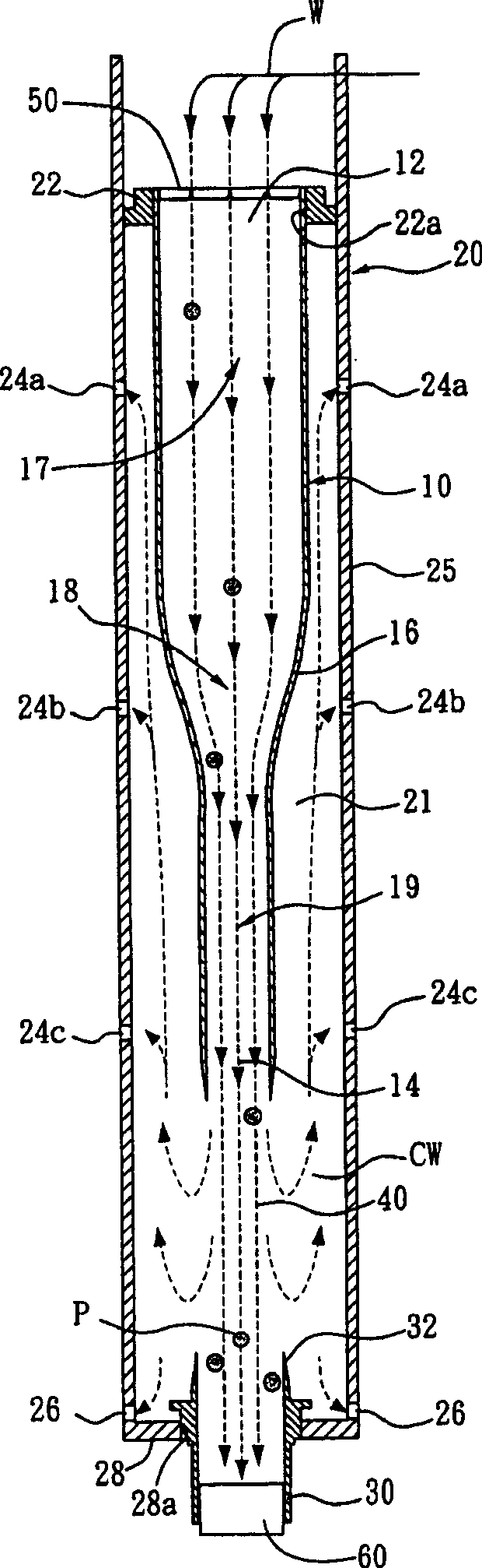 Turbid water particles acceleration, sedimentation and separation device and method