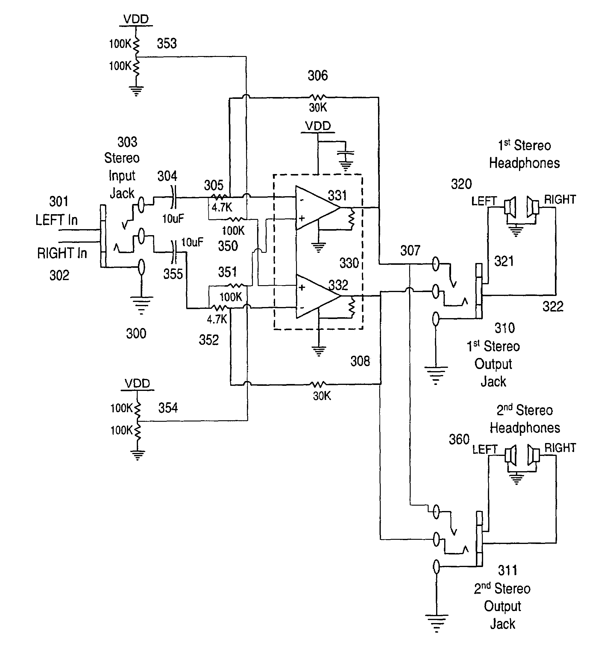 Simplified amplifier providing sharing of music with enhanced spatial presence through multiple headphone jacks