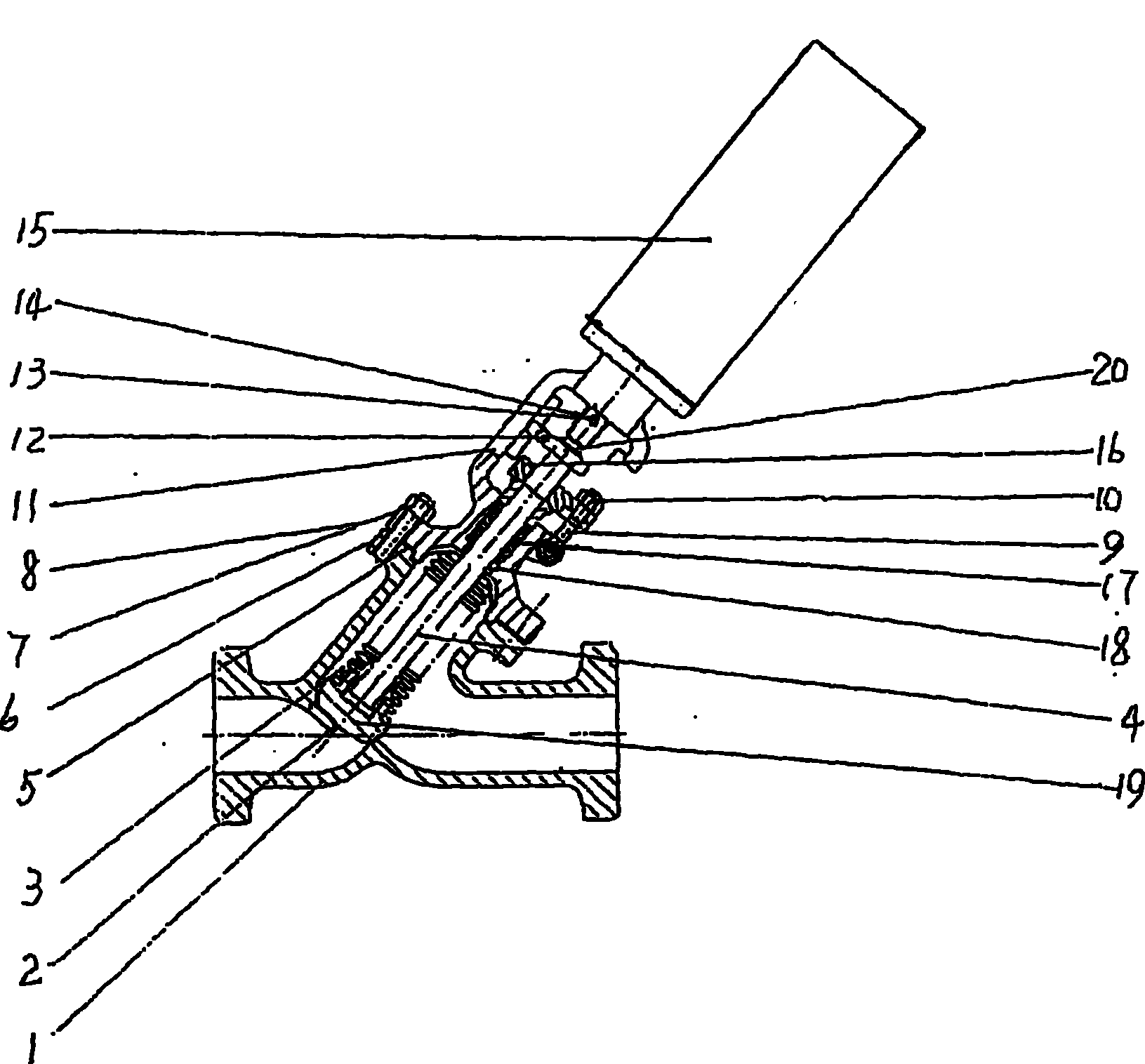 Pneumatic oblique stop valve with lock for corrugated tube