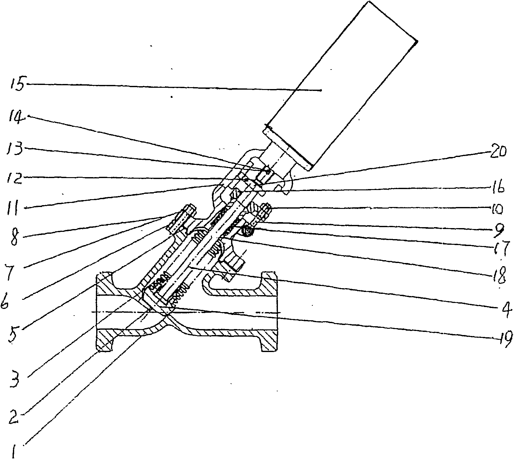 Pneumatic oblique stop valve with lock for corrugated tube