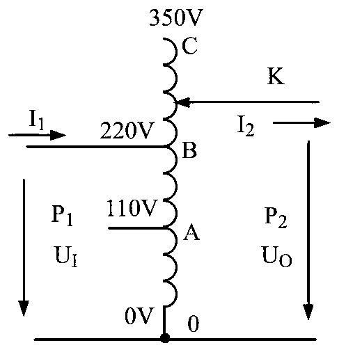 Carbon brush contact-type self-coupling-type AC (alternating current) voltage regulator based on segmented variable cross-section windings