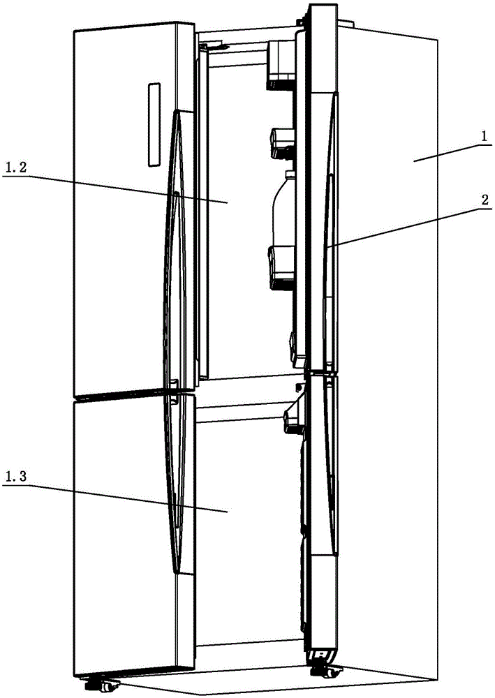 Refrigerator with overturning beam and rails