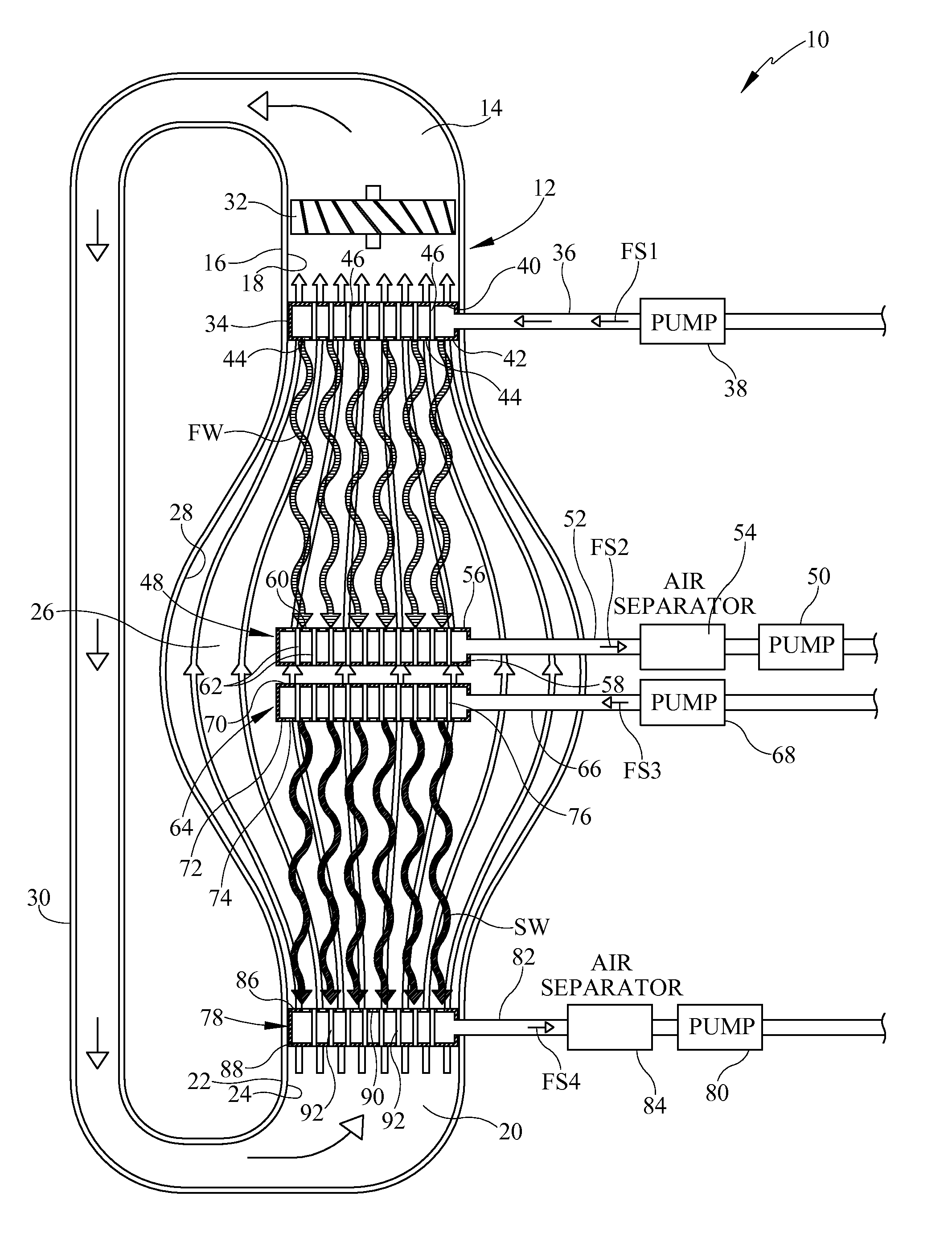 Contoured humidification-dehumidification desalination system