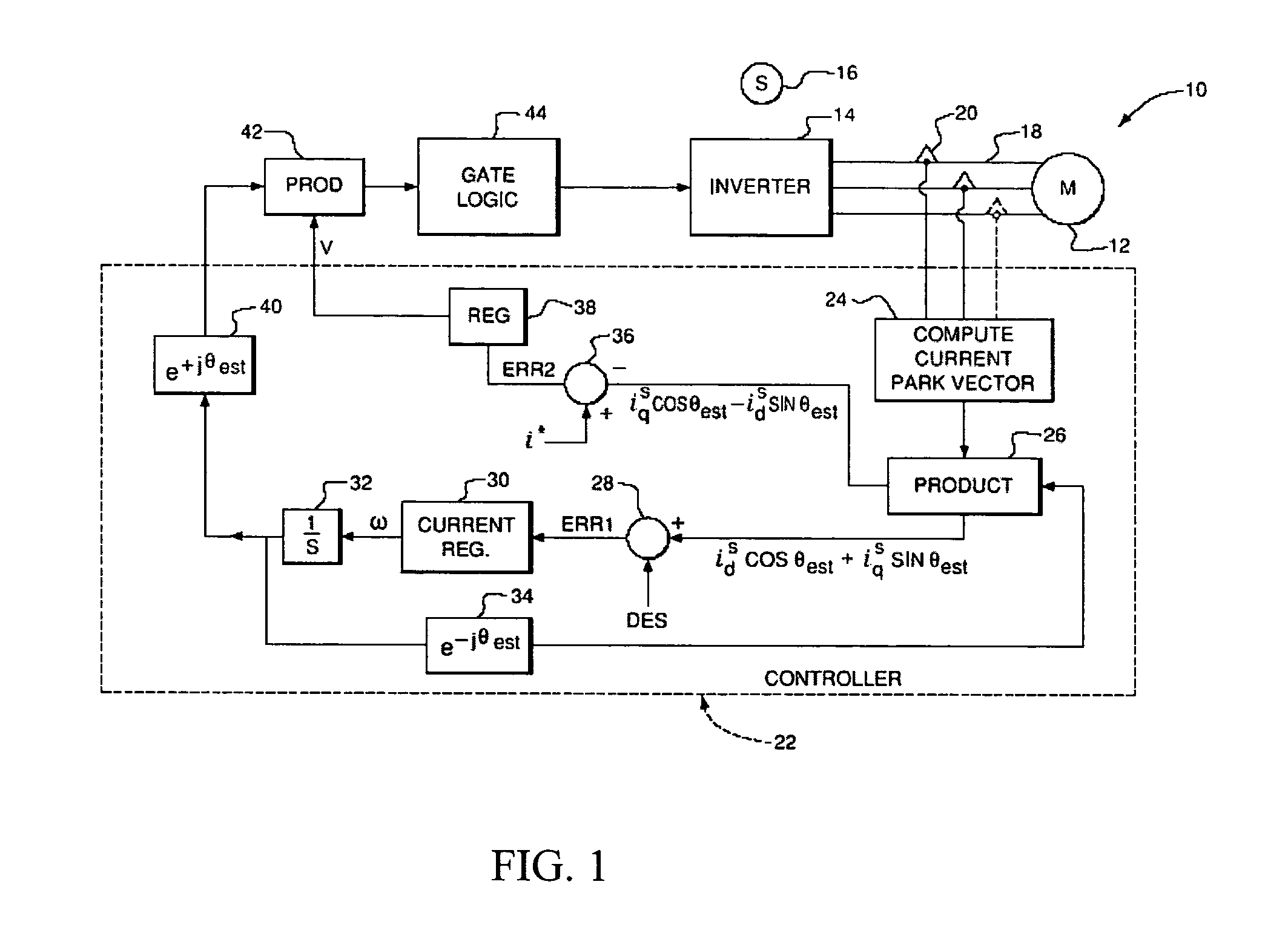 Power factor control for floating frame controller for sensorless control of synchronous machines