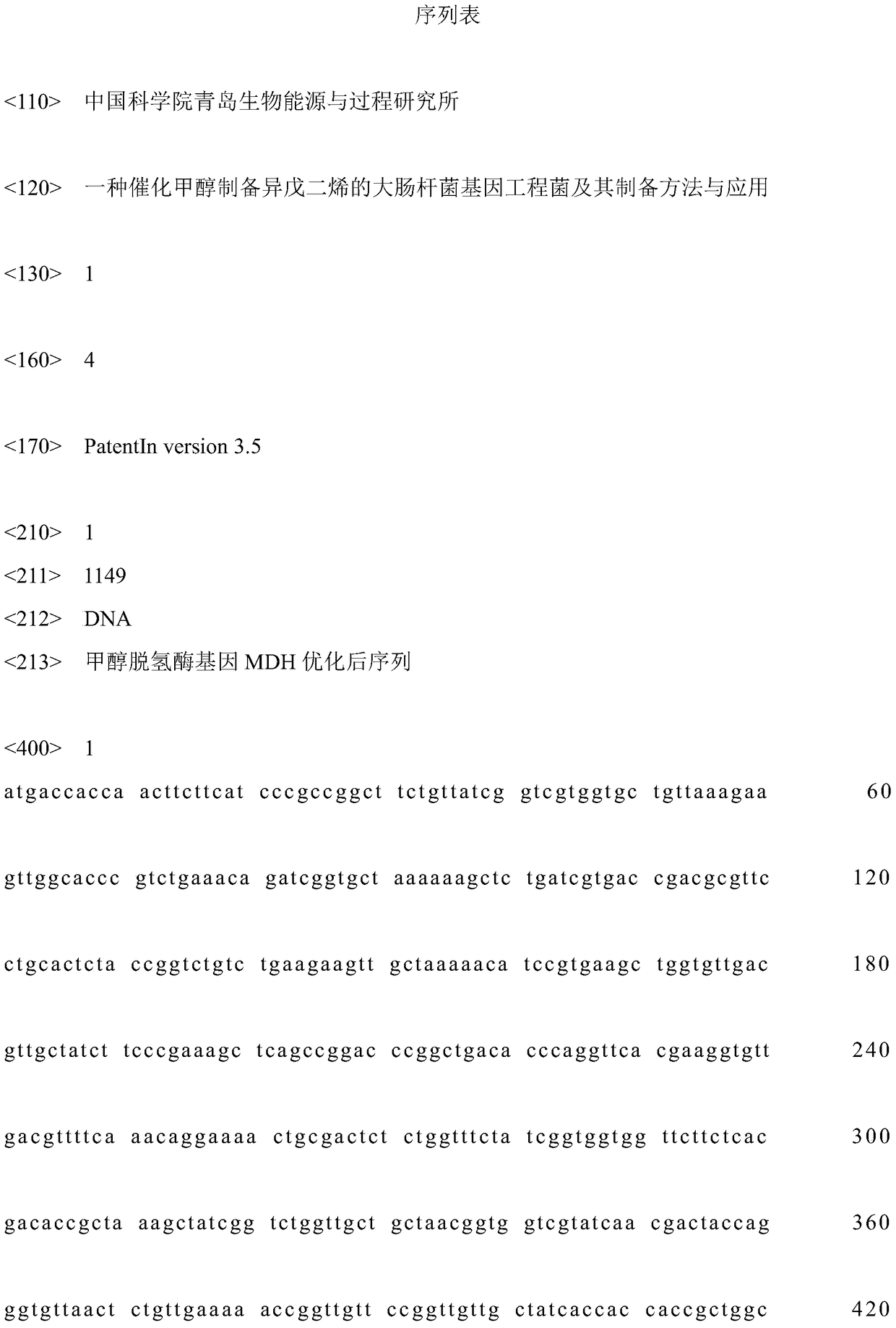 A kind of Escherichia coli genetically engineered bacteria that catalyzes methanol to prepare isoprene and its preparation method and application