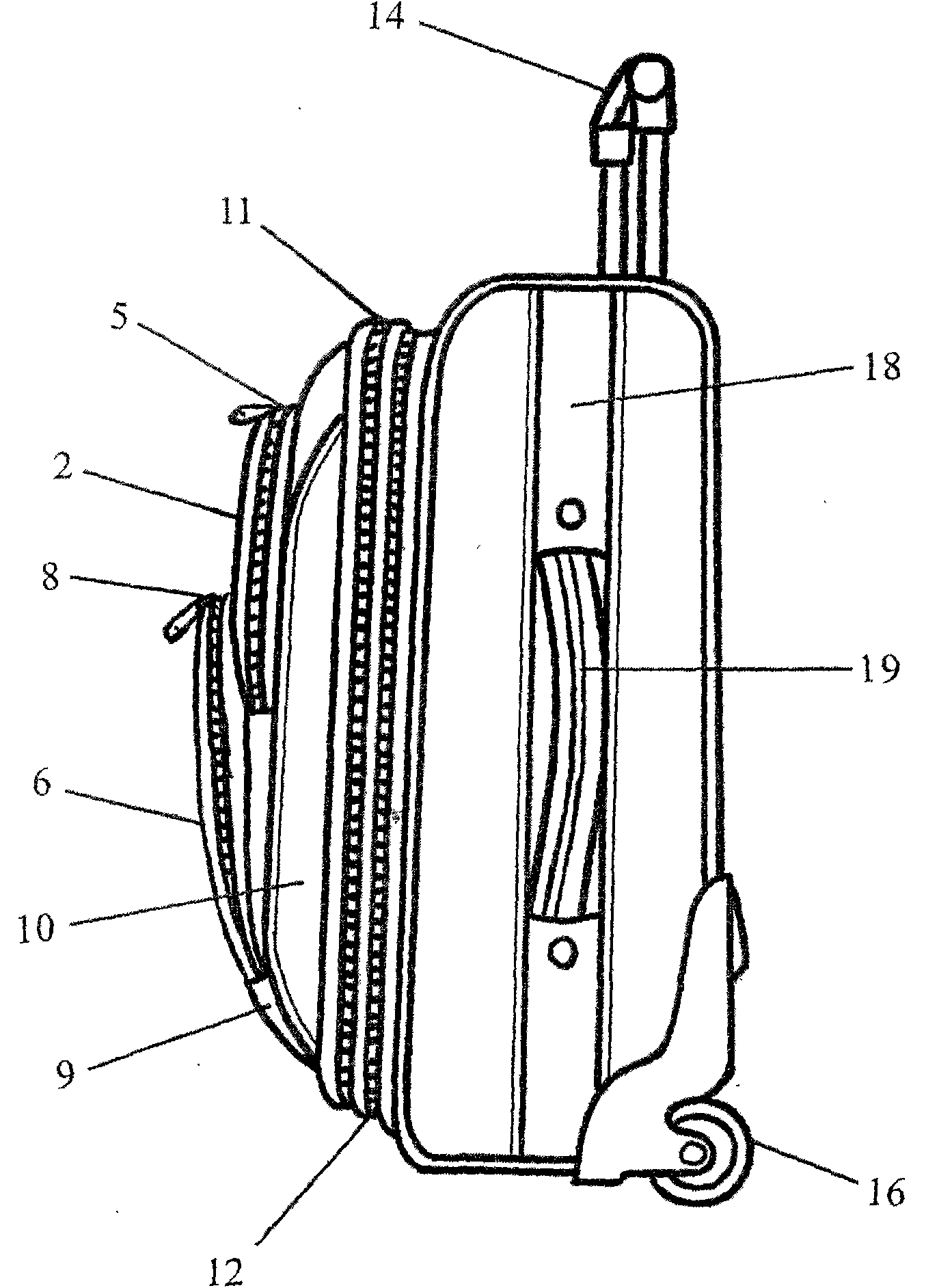 Draw-bar box with ornaments and overlapped lower convex bag and upper convex bag