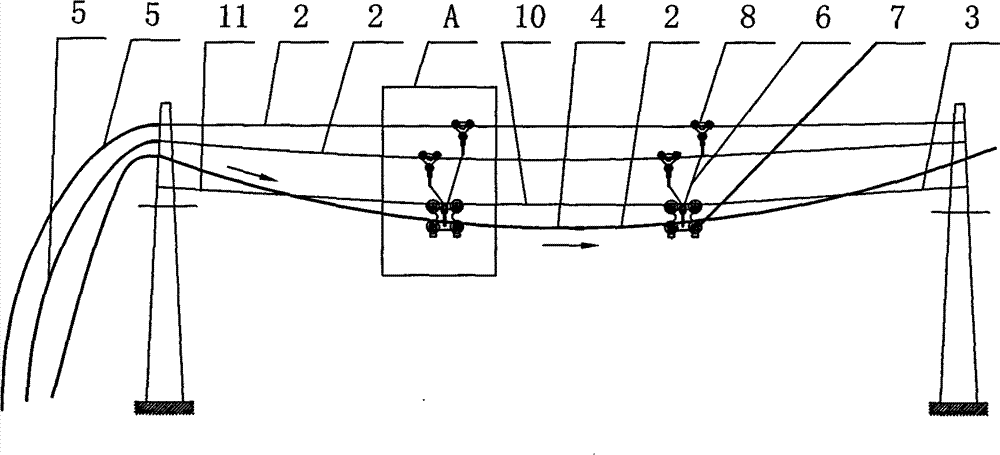 Obstacle bridging construction method for power line wiring and wiring pulleys