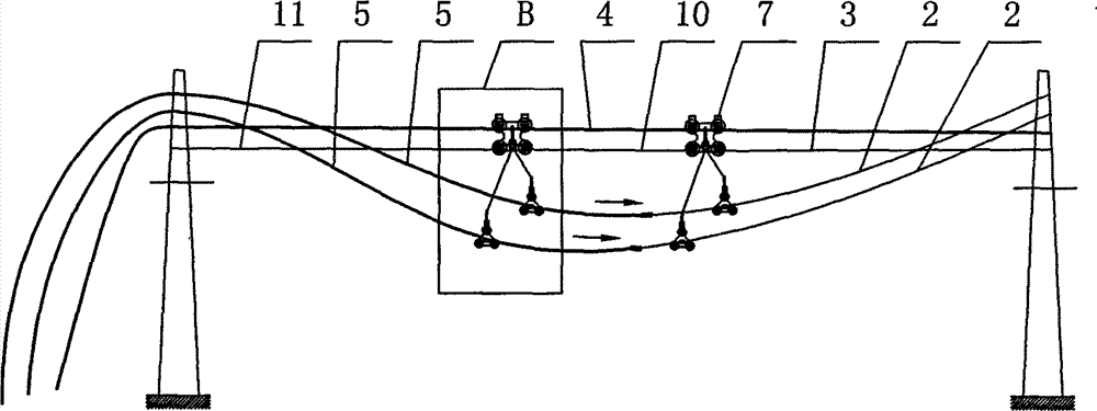 Obstacle bridging construction method for power line wiring and wiring pulleys