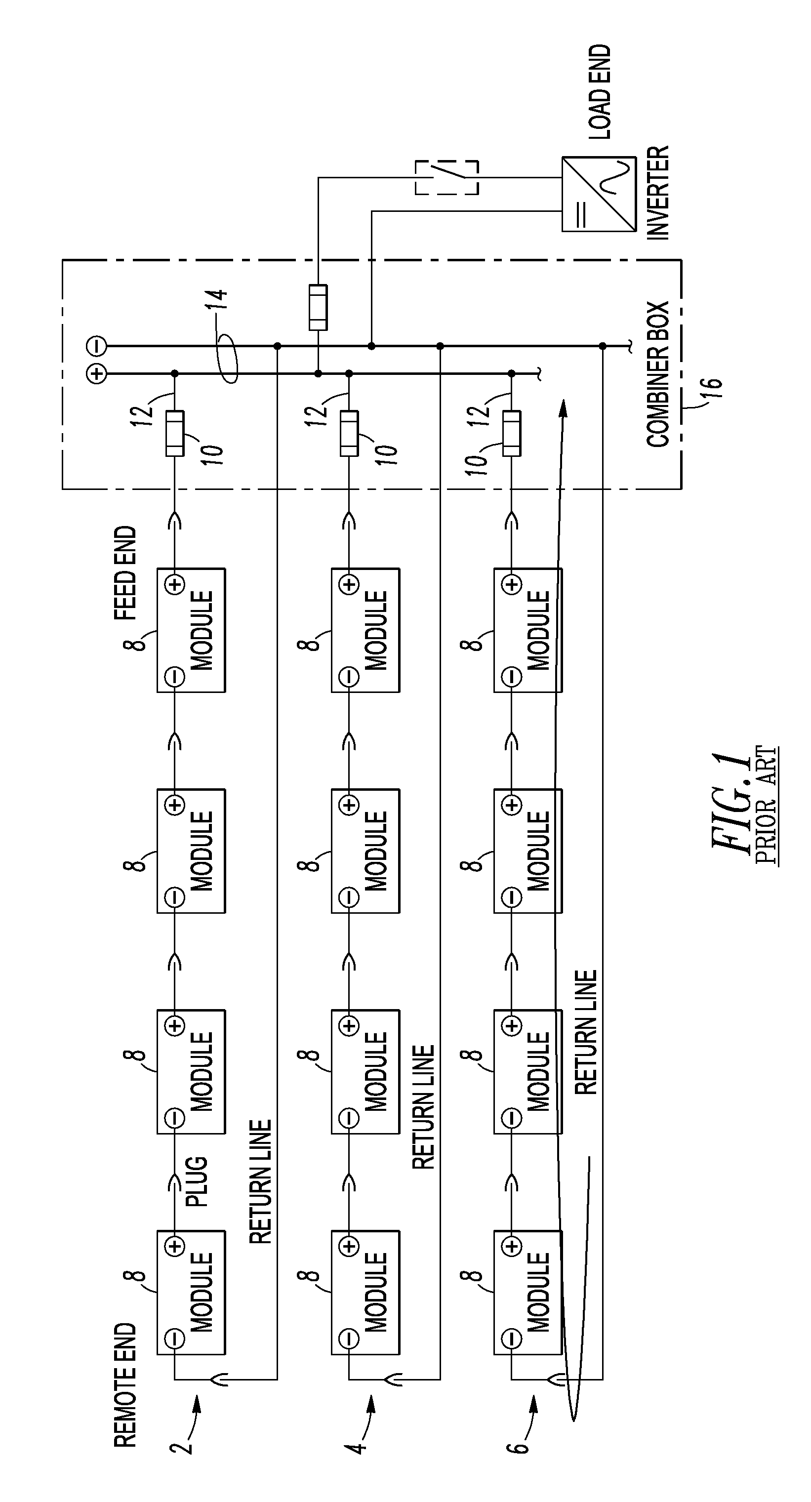 String and system employing direct current electrical generating modules and a number of string protectors