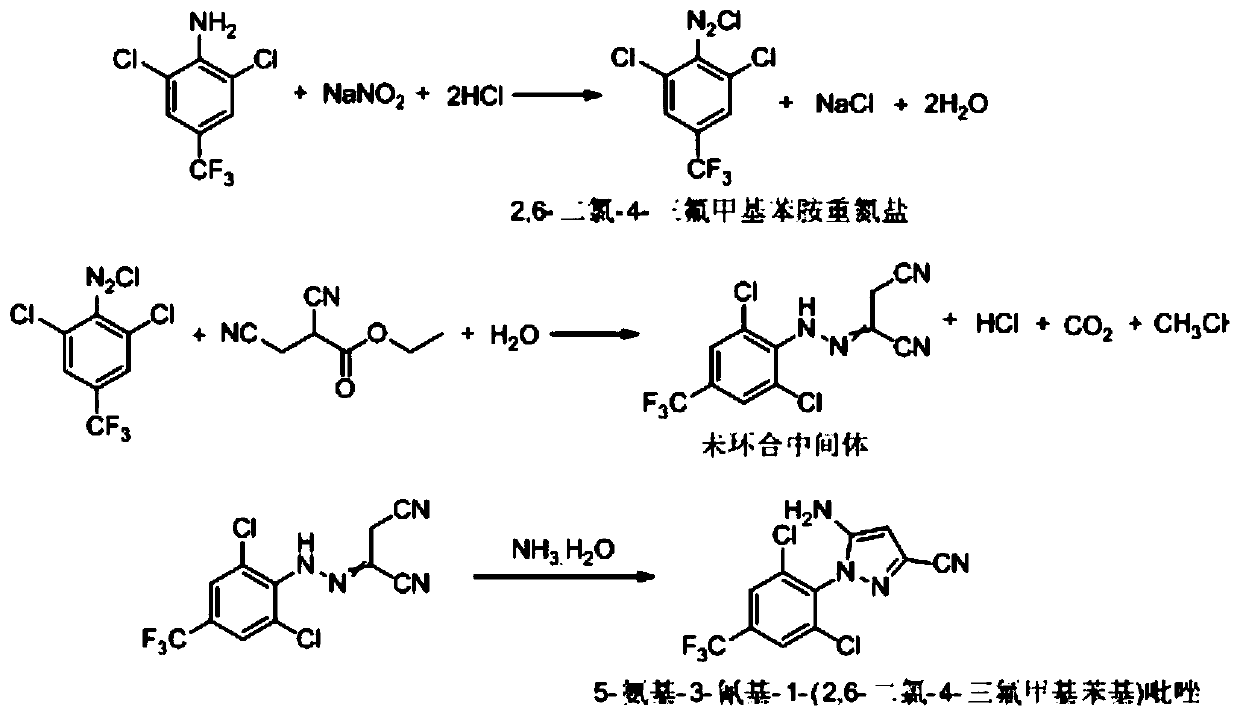 Synthesis method of 5-amidogen-3-cyano-1-(2,6-dichloro-4-trifluoromethyl phenyl) pyrazole