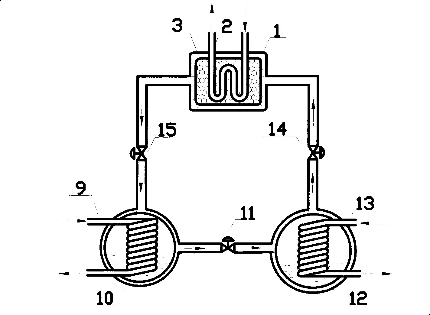 Back heating type two-stage thermochemistry adsorption cooling cycle system based on voltage transformation desorption technique