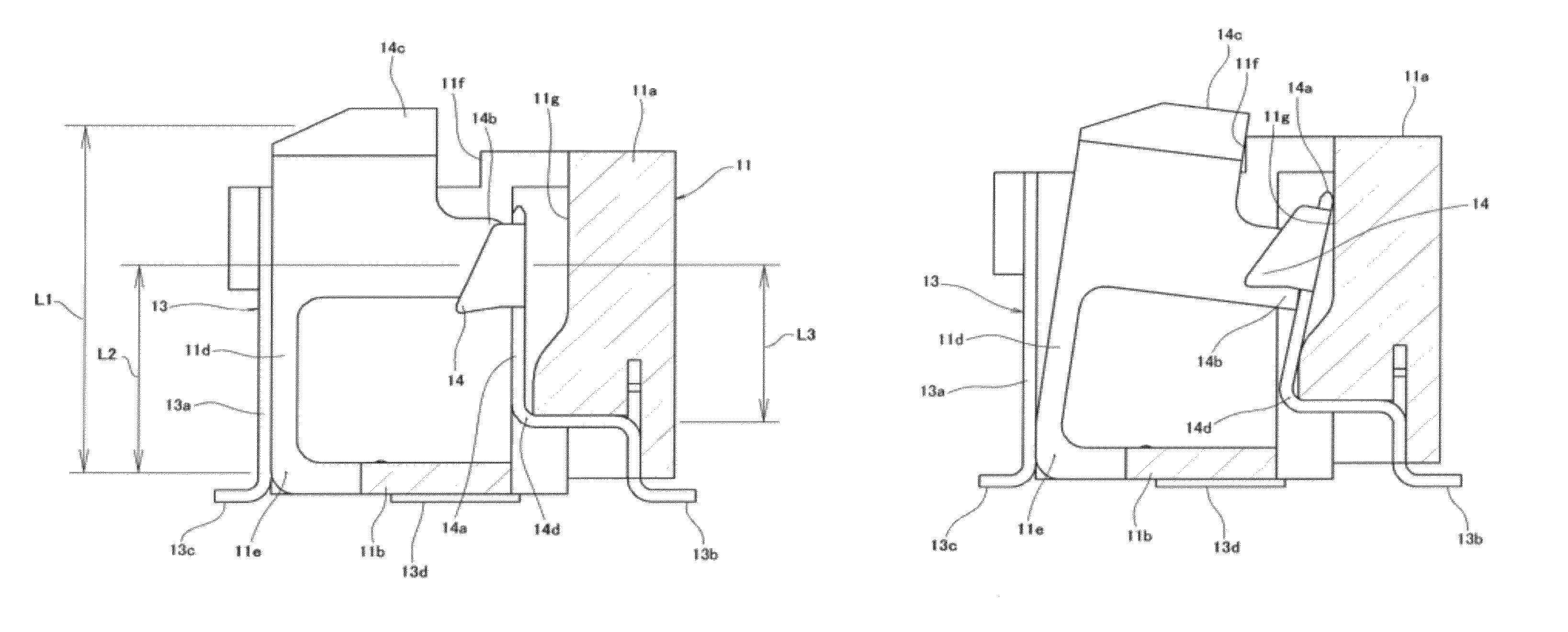 Electrical connector having a board connection leg portion with a locking portion to engage a signal transmission medium and a connector main body with an unlocking portion