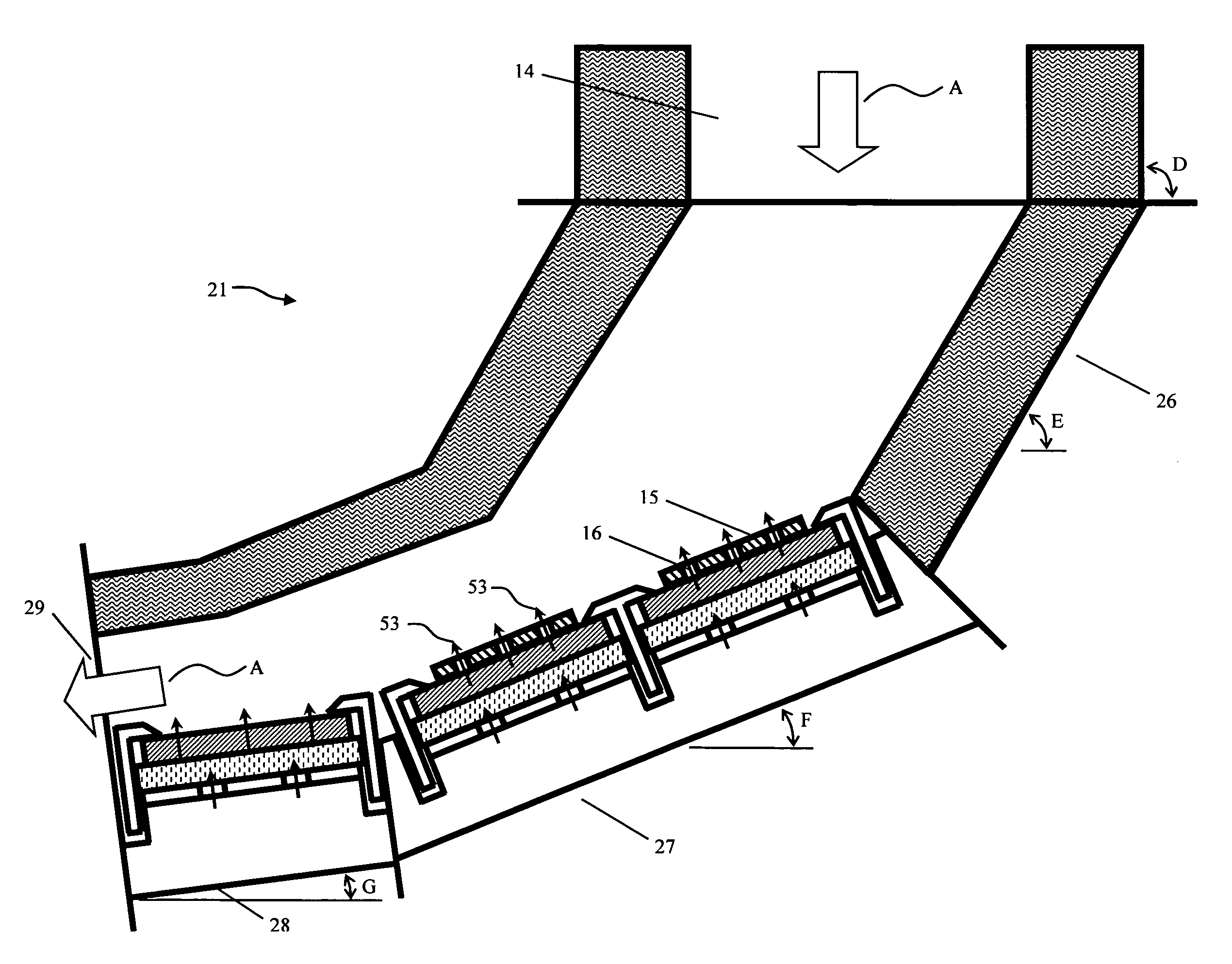 Fluidizing gravity conveyor with high temperature multi-layered fluid distributor member