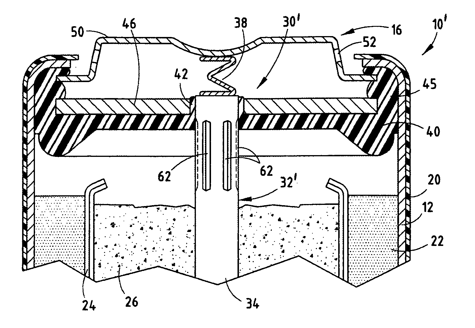 Electrochemical cell having venting current collector and seal assembly