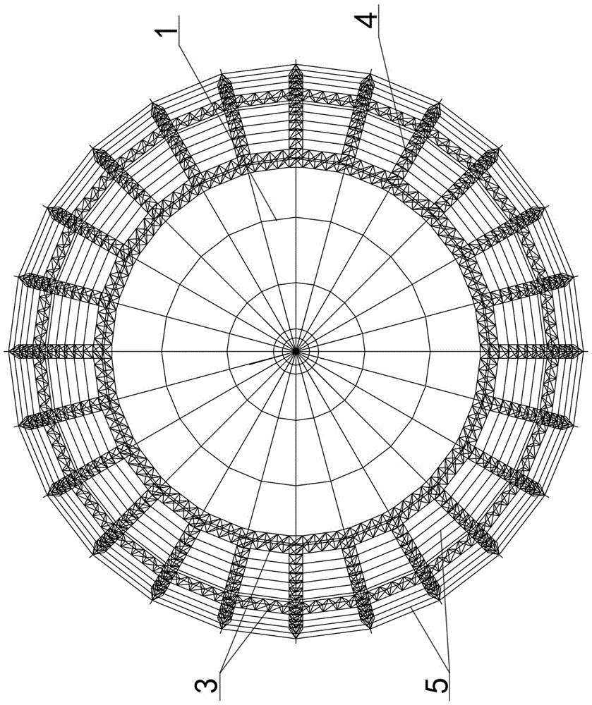 Circular awning with cable dome and spatial steel truss being combined and construction method of circular awning