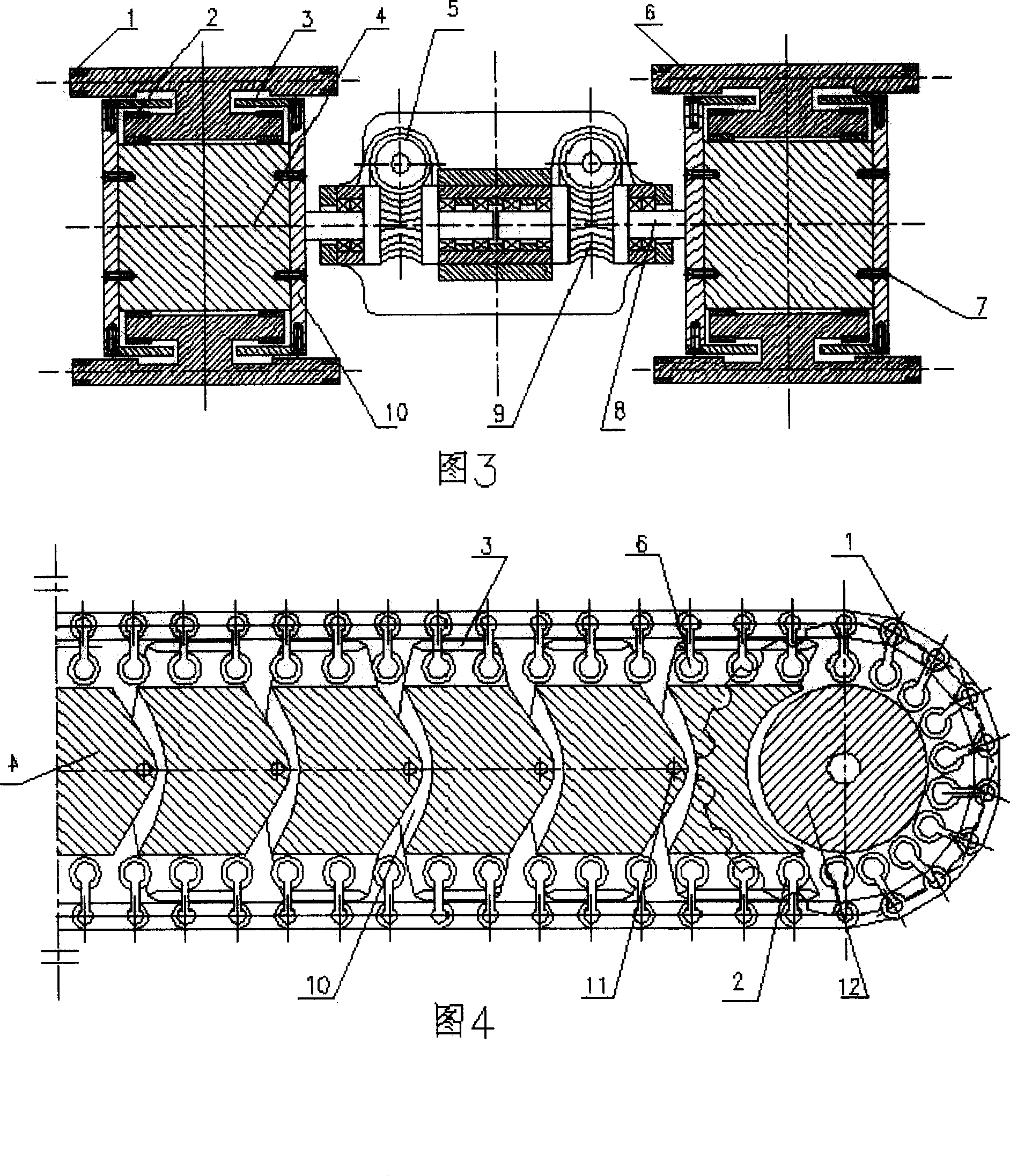 Restrained pedrail type flexible barrier-exceeding vehicle