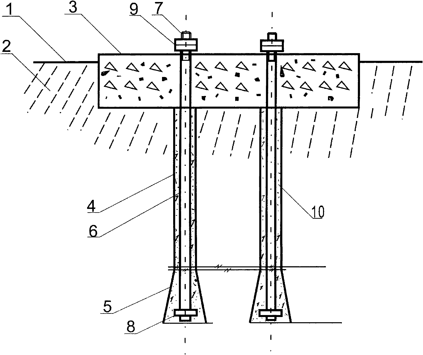 Construction process for rock enlarged toe anchor pile foundation of overhead power transmission line