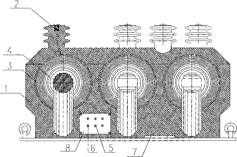 Antiresonant three-phase four-wire integrated casting insulated mutual inductor