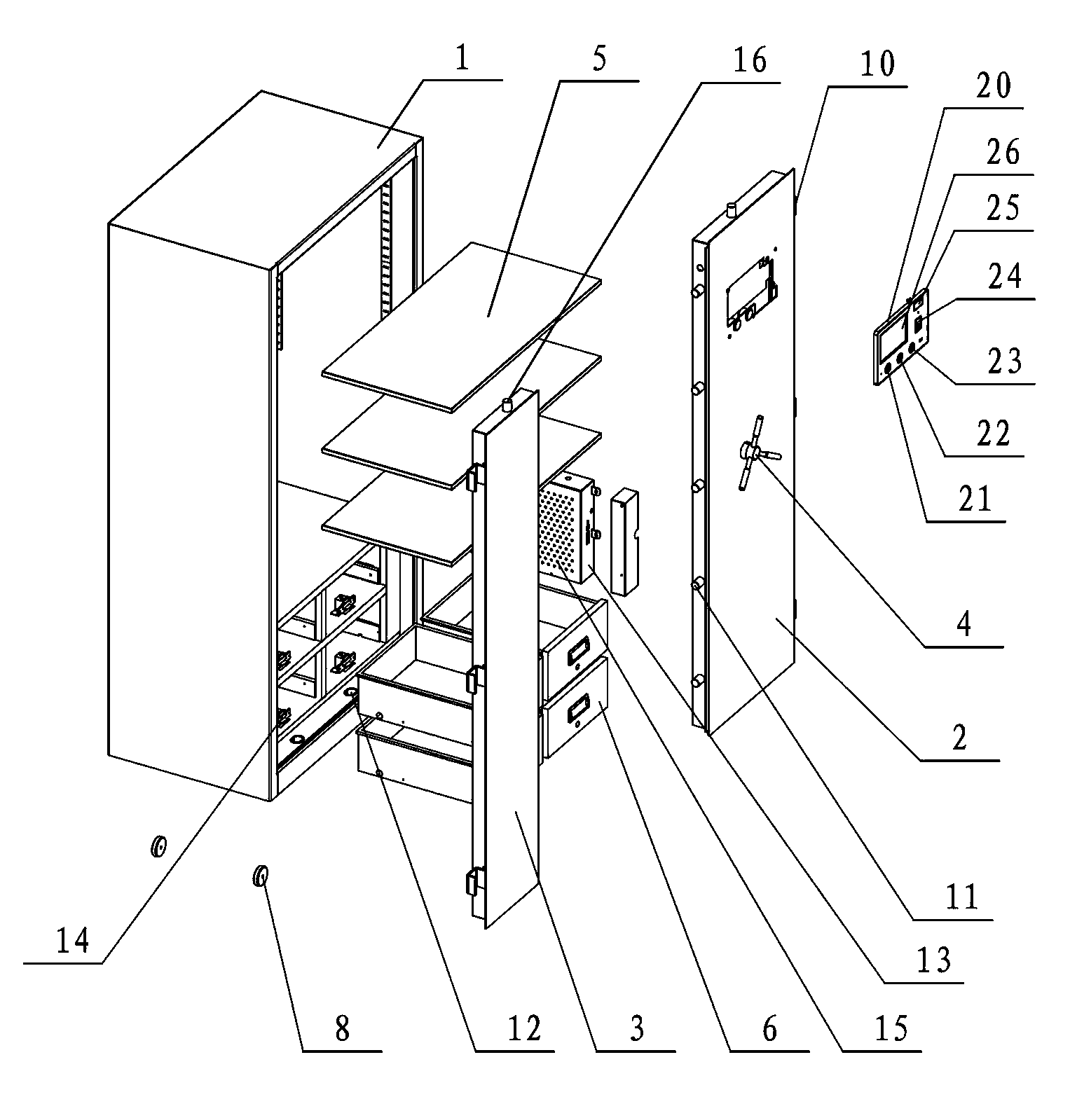 Vertical type fingerprint confidential cabinet and control system thereof