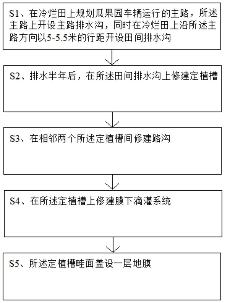 Technology for transforming cold and rotten field on mountain ridge in South China into high-yield melon and fruit orchard