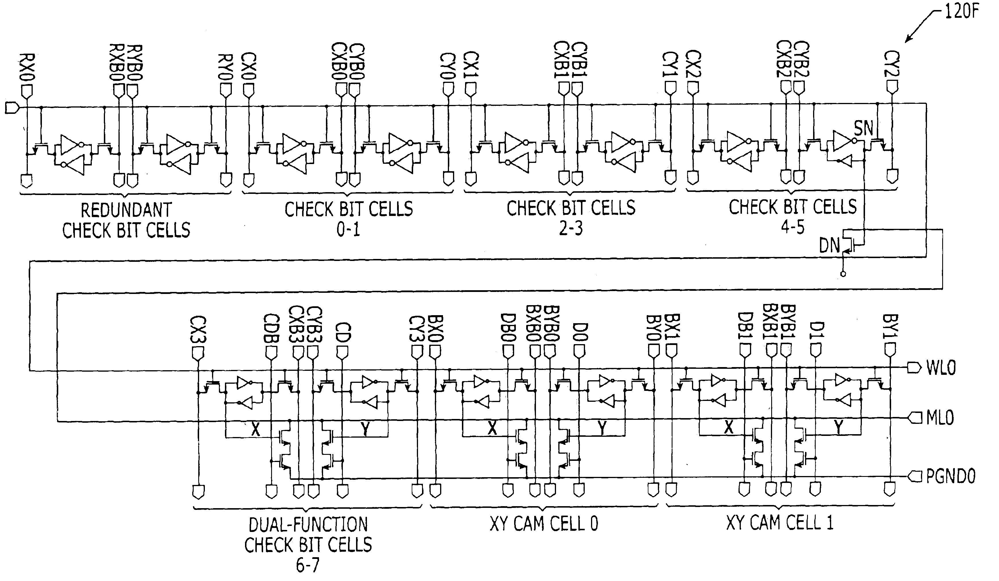 Content addressable memory (CAM) devices with dual-function check bit cells that support column redundancy and check bit cells with reduced susceptibility to soft errors