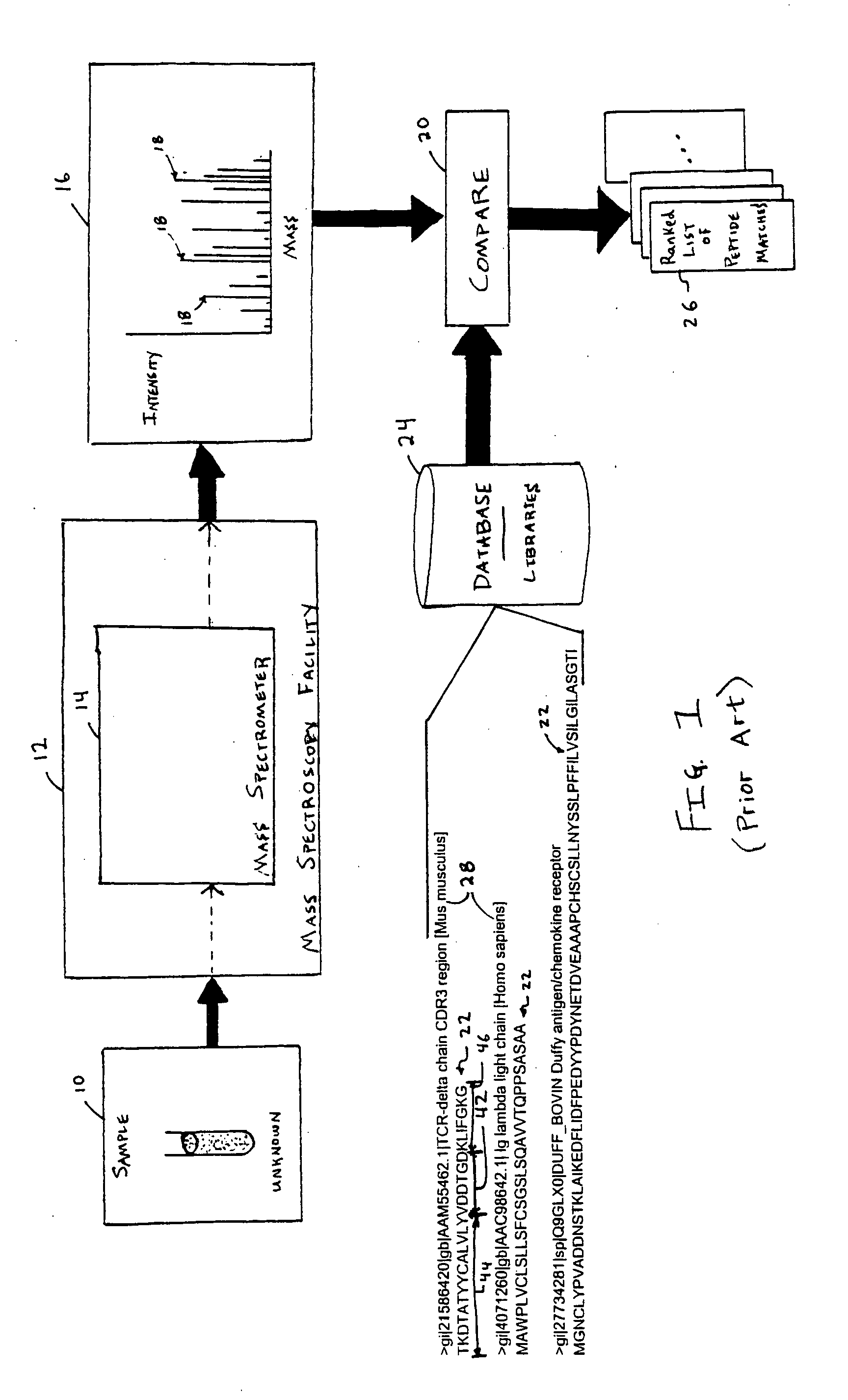 Silico iterations correlating mass spectrometer outputs with peptides in databases and success of same