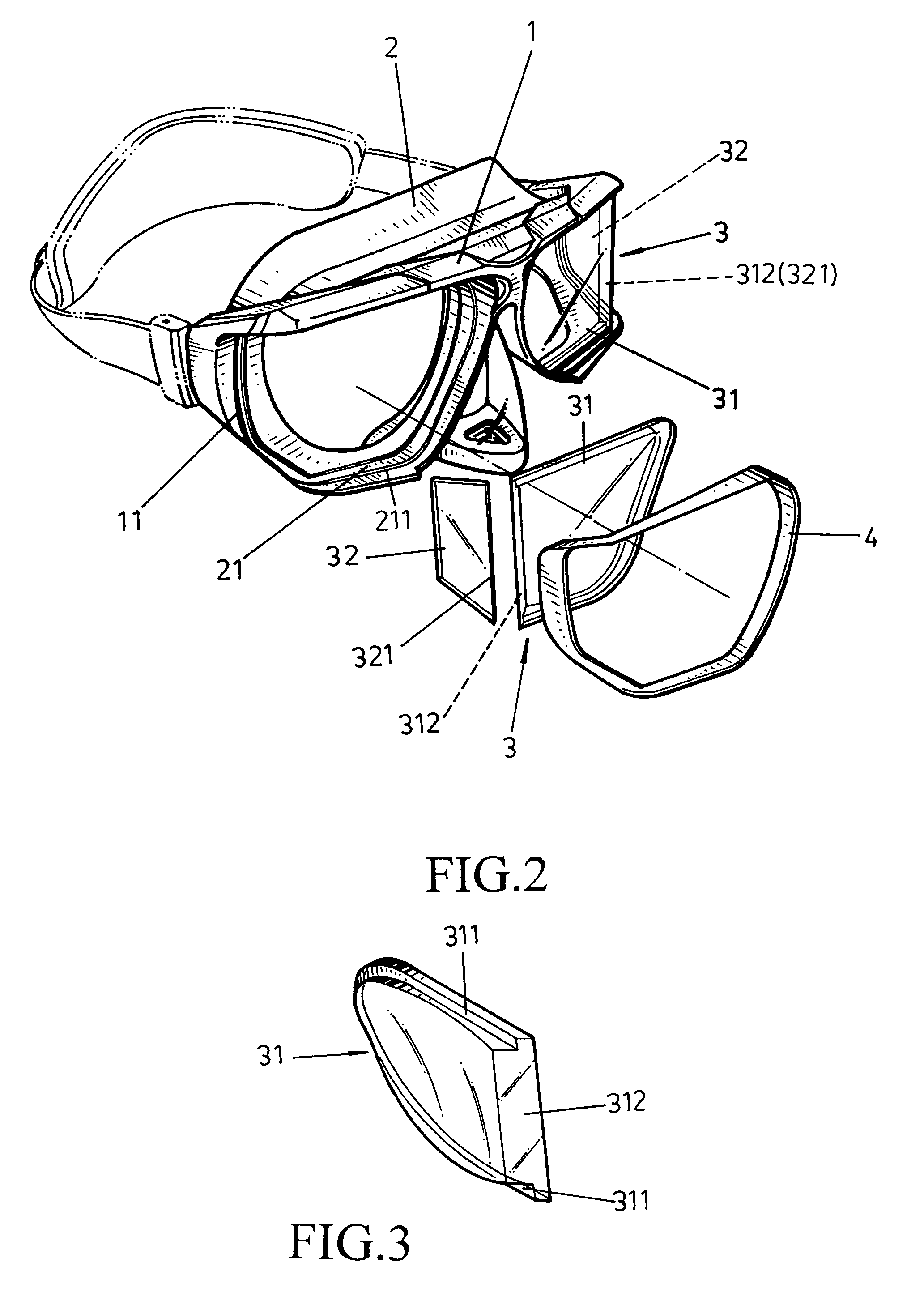 Near-sighted lens of wide-vision diving mirror