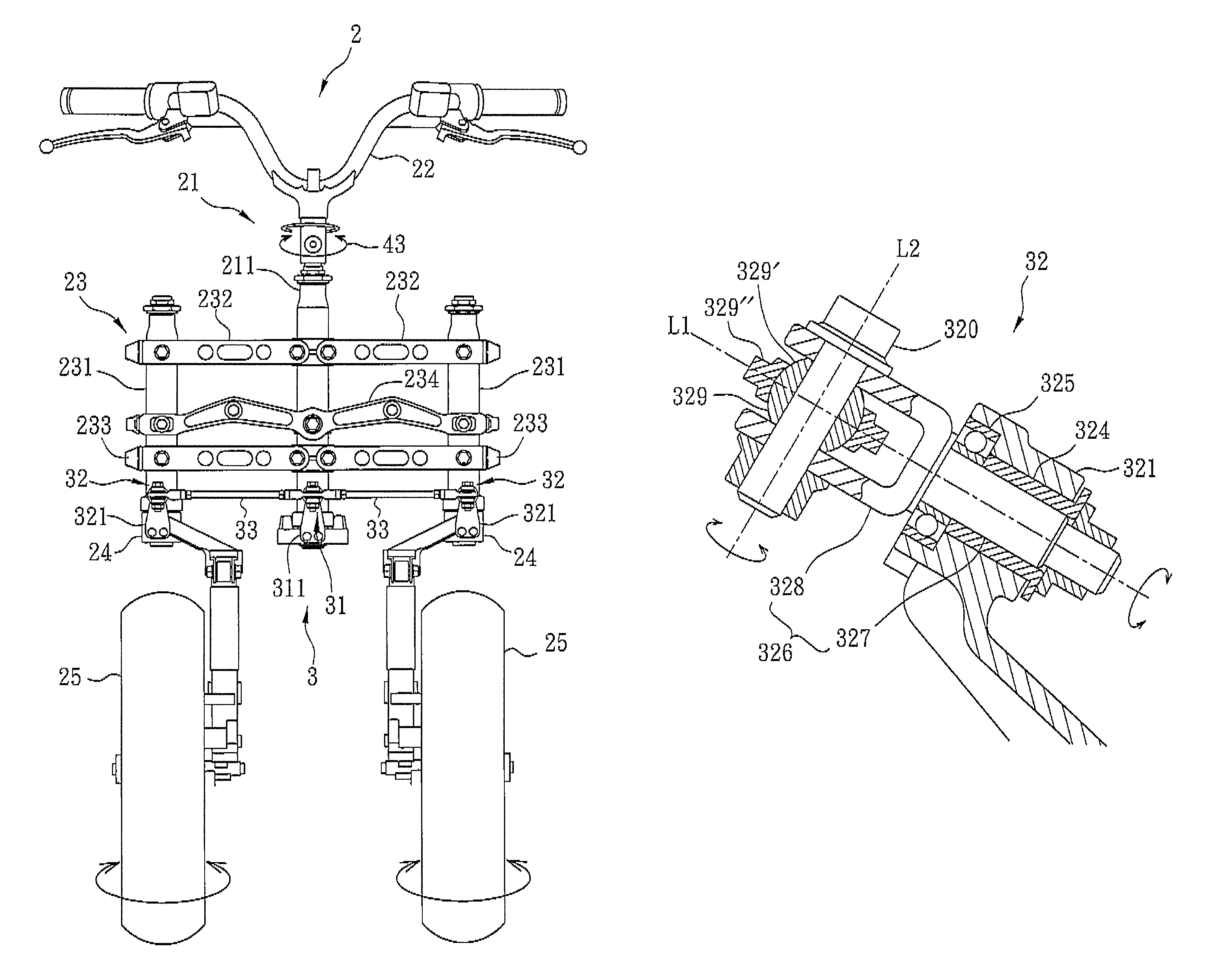 Steering apparatus for a vehicle having two front wheels